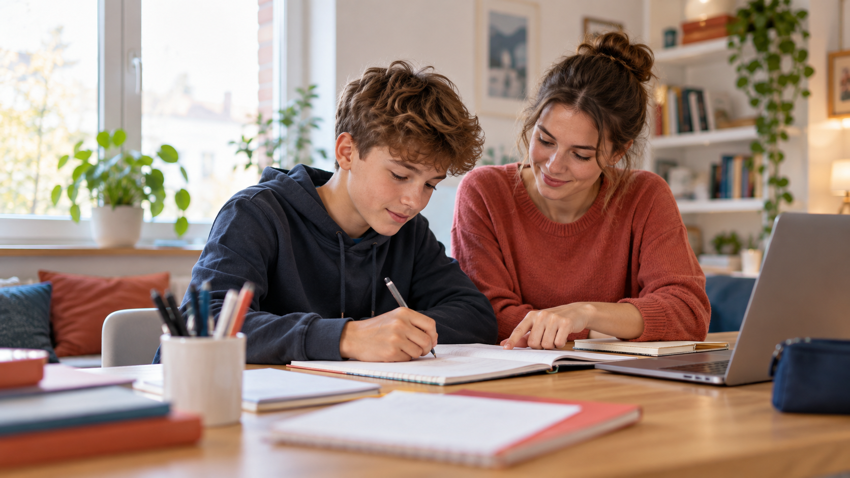 Schüler lernt konzentriert mit einer Lernbegleiterin am Schreibtisch